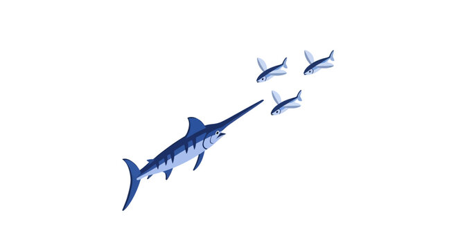 Predatory marlin fish chasing smaller prey in ocean.