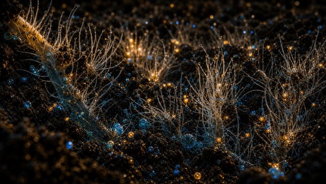 Root Hair Forest at Night, Soil Microbe Habitat Macro Illustration
