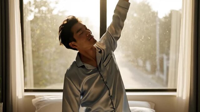 Man in pajamas stretching by window in bright morning light