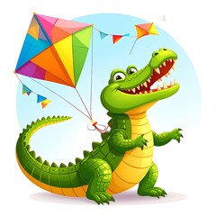 Fototapeta premium Colorful kite soaring above green dinosaur in sky.