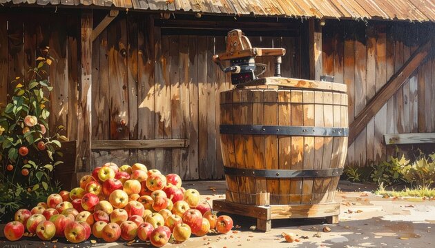 A wooden cider press with fresh apples beside it