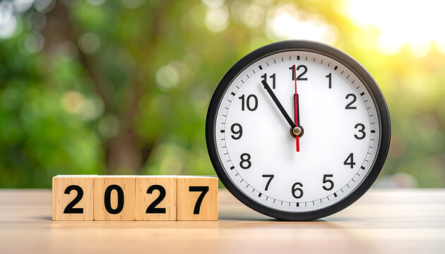 time for new year 2027, clock showing almost midnight, new beginnings, planning future, on a wooden table with blurred green natural background