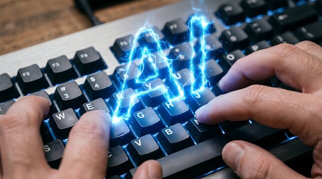 Hands typing on glowing futuristic keyboard