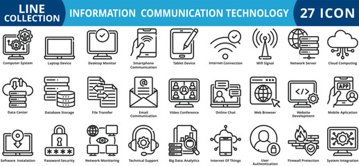 Naklejka premium Information communication technology icon set outline style icon set collection vector illustration