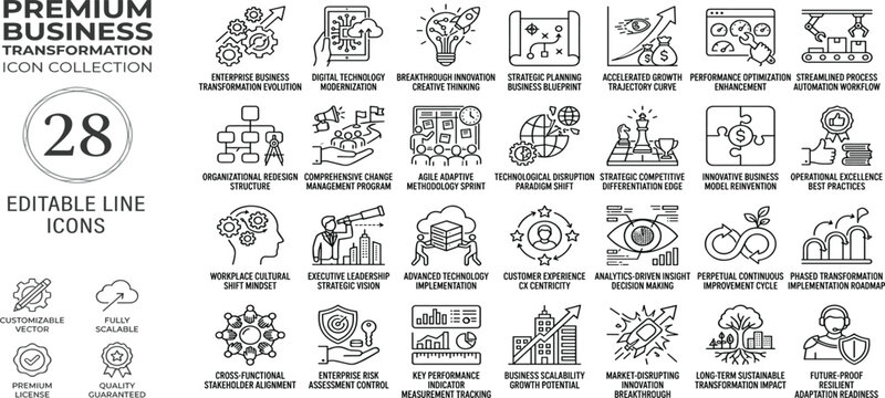 Business Transformation icon set. Contain icons related to Business, transformation, innovation, strategy, growth, optimization, process, and more. Editable stroke. Vector illustration.