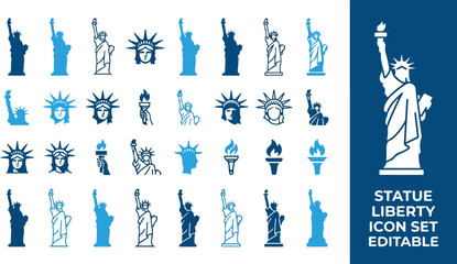Statue of liberty icon set featuring silhouettes and torches © Iconesia Studio