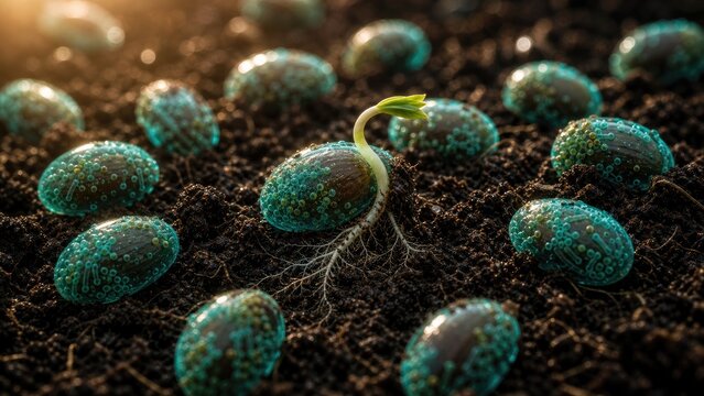 Biological Seed Coating on Germinating Seeds, Crop Protection Concept
