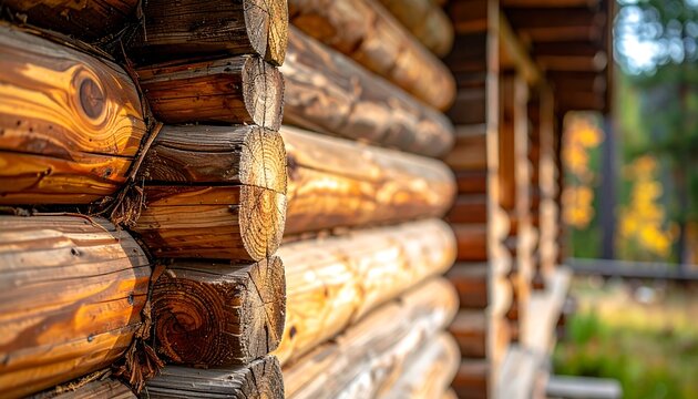 A close-up of a rustic wooden cabin's exterior wall