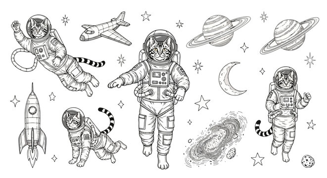 A whimsical collection of hand-drawn illustrations featuring cats in astronaut suits exploring space with planets, rockets, and stars.