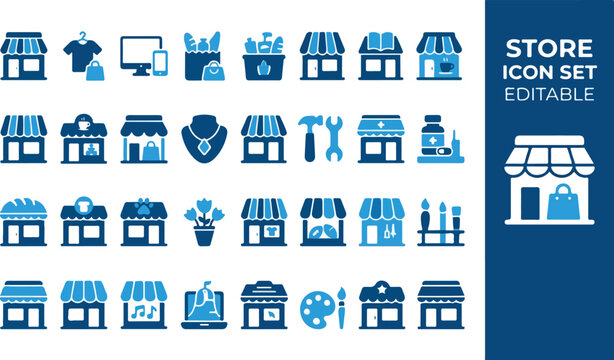 Comprehensive collection of retail store and shop icons in blue