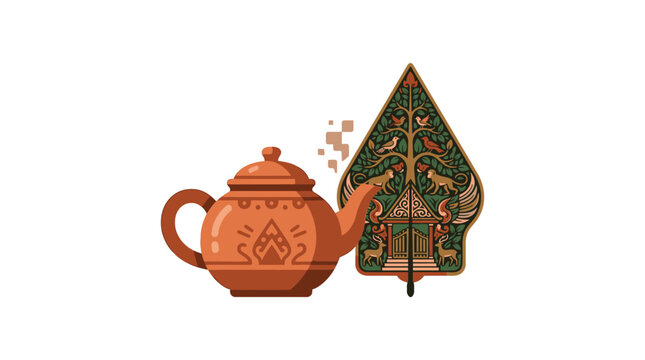 Traditional Indonesian Wayang Puppet and Ceramic Teapot Illustration.