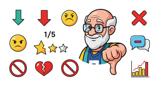 Elderly man with glasses giving a thumbs down gesture surrounded by negative feedback icons.