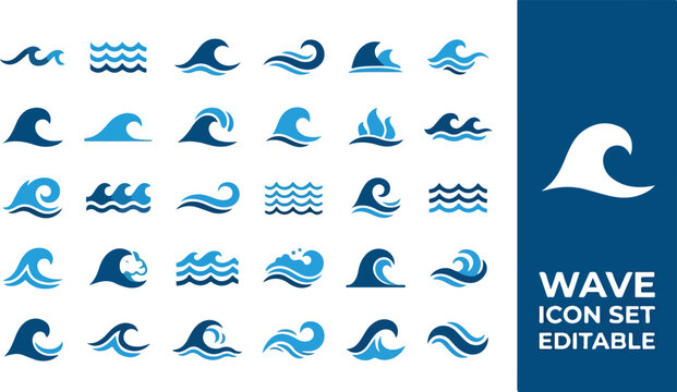 Collection of various wave icons in blue on a white background, representing different styles of water movement and ocean swells