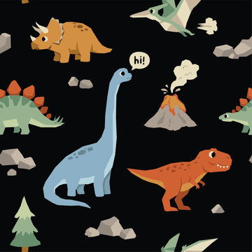 Dinosaur Seamless Pattern with Volcano and Rocks