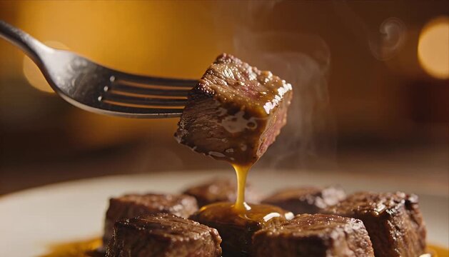 Steak beef cube closeup fork sauce gravy juicy gourmet dinner succulent grilled steak beef cube with fork holding juicy meat bite dripping rich sauce and gravy warm golden bokeh background