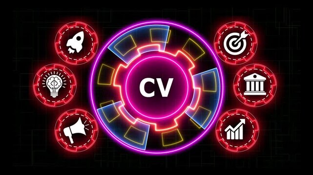 Circular infographic with business icons motion graphics and CV text.