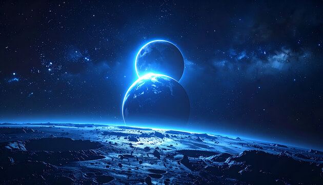 Two glowing alien planets with city lights on surface against a starry galaxy background, outer space discovery