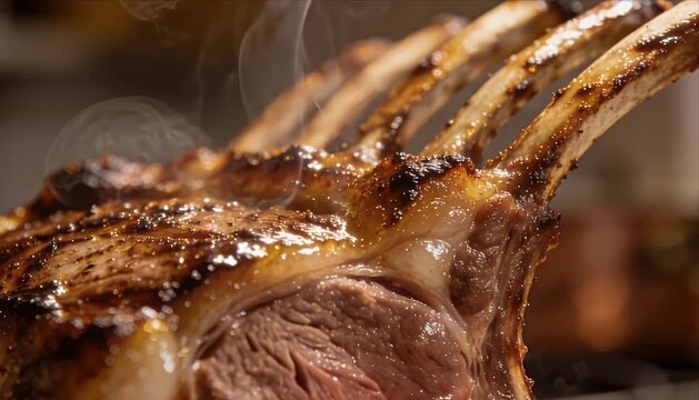 Juicy grilled meat rib barbecue closeup juicy steaming crust steak bone cooked dinner detail focus restaurant cuisine heat juicy grilled rack meat bone barbecue smoke dinner steak restaurant closeup