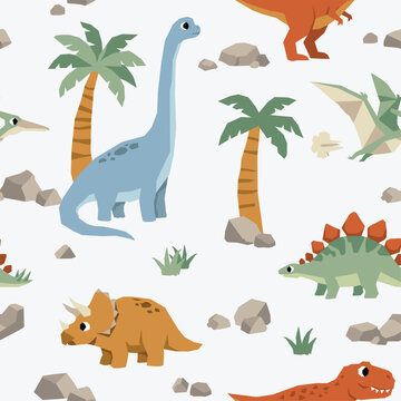 Dinosaur Seamless Pattern with Palm Trees and Rocks
