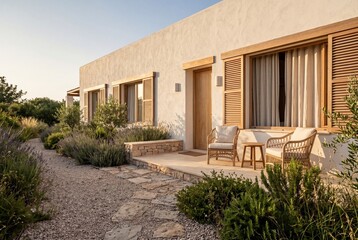 Fototapeta premium Premium Vacation Villa Facade with Garden Terrace and Travel Appeal