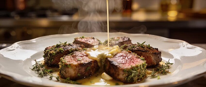 Gourmet lamb herb crust medium rare garlic gravy steam restaurant dinner comfort food fine dining lamb steak creamy sauce juicy meat hot steam lamb chop garlic clove rich gravy restaurant kitchen