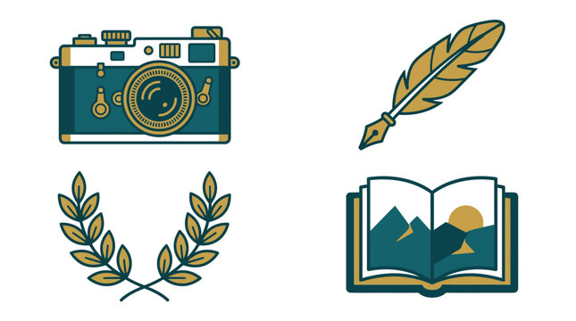Pixel Art Collection Featuring Vintage Camera Fountain Pen Laurel Wreath And Open Book Landscape