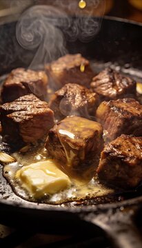 Juicy steak cube grilled beef frying pan butter sauce sizzling meat gourmet cooking closeup food dinner meal sear cast iron pan steam hot oil fat rich flavor savory cuisine restaurant style beef