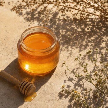 Minimal honey product photography with glass jar of golden honey, wooden dipper, and wildflowers on stone surface, warm sunlight, organic wellness aesthetic, clean luxury composition.