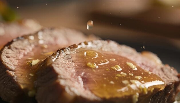 Juicy steak slice meat beef with garlic gravy sauce pouring macro closeup view, tender juicy texture and rich brown sauce drip gourmet dinner comfort meal