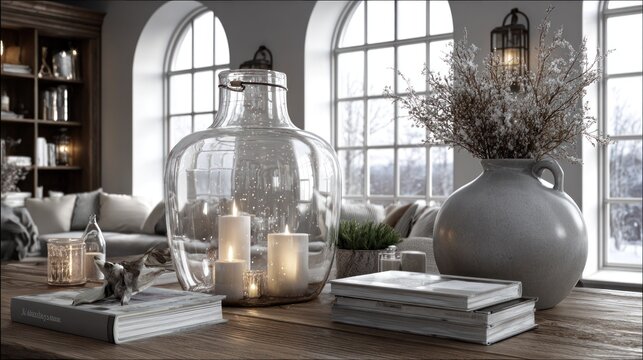 Warm glowing candles and dried botanicals adorn a rustic wooden table setup before large arched windows.