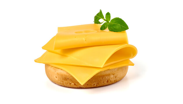 Stacked cheese slices on a small bread base, garnished with fresh mint leaves, isolated on white