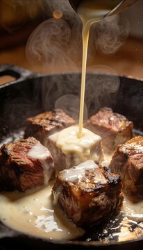 Juicy beef cube steak grilled meat with creamy sauce in cast iron pan, sizzling steak cube grill pan dinner, rustic kitchen comfort food closeup gourmet style creamy sauce over seared beef