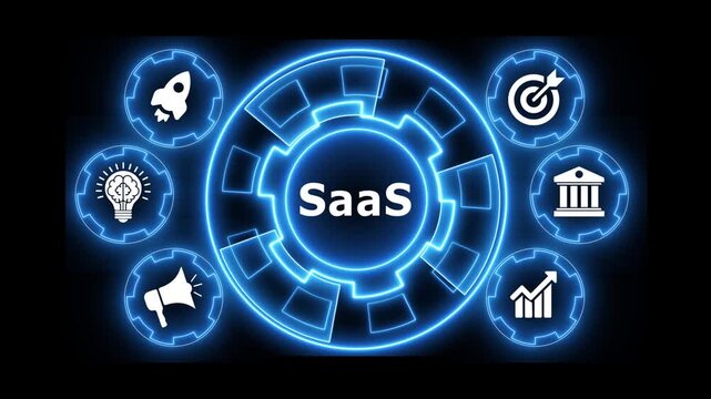Saas software service concept with glowing digital gear and business icon signs.