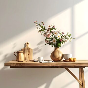 A wooden table with a vase of flowers, cups, and kitchen items