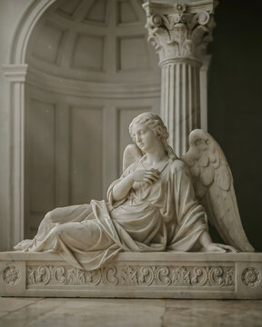 Reclining Marble Angel Statue with Wings Beside Corinthian Column Arch