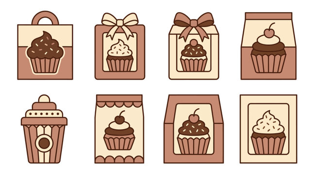 Set of vector icons showing cupcakes in bakery boxes
