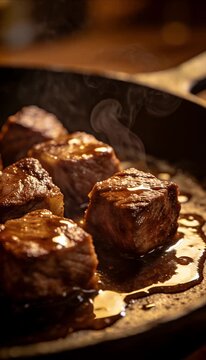 Juicy beef steak meat cube grill pan cooking sear juicy steam closeup gourmet dinner restaurant style barbecue roast meal protein delicious tender rich macro sizzling meat cube cast iron pan with