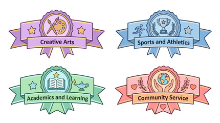 Obraz premium Four colorful school achievement badges on a white background