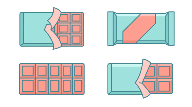 Flat vector icons of wrapped and open chocolate bars