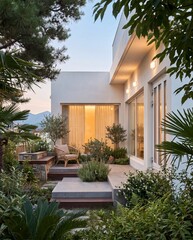 Fototapeta premium Sunlit Resort Villa Pool Area with Minimal Architecture and Lounge Chairs