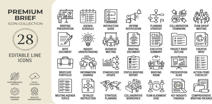 Brief icon set. Containing briefing, agenda, instruction, inform, planning, collaboration, team, note, insight, meeting, and more. Editable stroke. Vector illustration