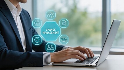 Fototapeta premium Change management business strategy concept, organizational transformation process, leadership team collaboration icons, workflow optimization and corporate restructuring plan on