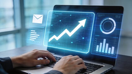 Fototapeta premium Holographic business growth arrow on laptop screen, futuristic technology interface, global economy expansion, startup success trajectory, digital marketing campaign results,