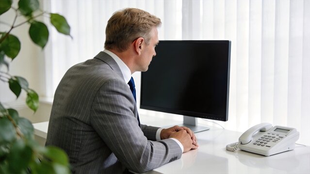Businessman waiting at desk with blank monitor, corporate executive in pinstripe suit looking at computer screen, office environment with phone and plant, concept of anticipation,