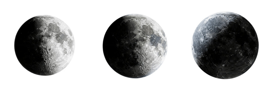 Set of Three High-Detail Moon Phases, Realistic Lunar Surface Textures in Different Lightings, Astronomy Concepts for Science and Space Design, Isolated on White Background, High Quality Studio Cutout