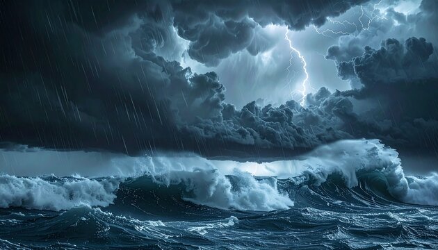 Dramatic Wide Shot of Massive Ocean Storm with Huge Dark Waves and Heavy Rain