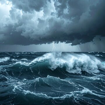 Dramatic Wide Shot of Massive Ocean Storm with Huge Dark Waves and Heavy Rain