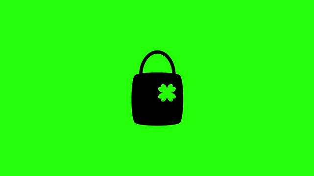 Professional 4K footage of a commercial retail paper shopping bag with a lucky clover sign silhouette bouncing cleanly. Clean sale event web icon.