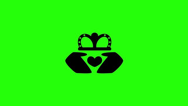 Clean 4K video showing a traditional Irish Claddagh ring hand holding a crowned heart silhouette bouncing. Beautiful romance loyalty match graphic.