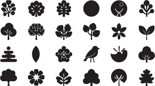 Black and white leaf illustrations on transparent background.